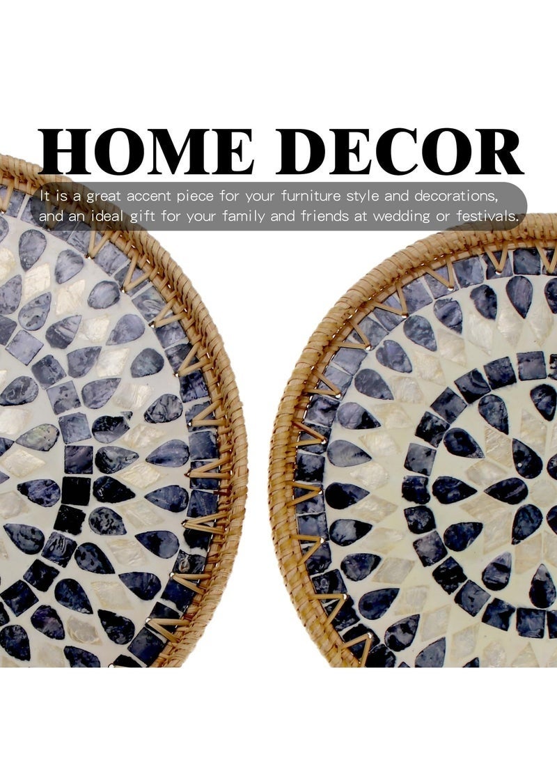 MYONE Set of 2 Sizes Round Rattan Serving Tray with Mother of Pearl Inlay, Handwoven Coffee Table Boho Decor Basket for Bread Fruit Food Kitchen Home Office Waterdrop Black,35cm+30cm - Image 3